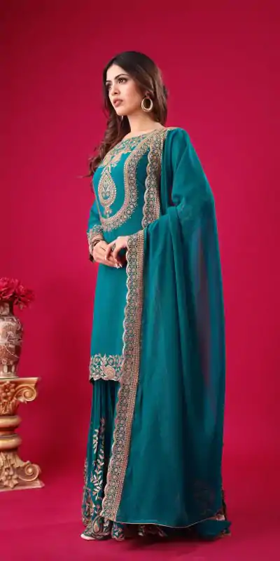SRK 5242 Blue Faux Georgette Embroidery Sequence Work Salwar Suit  Casual, Wedding, Party, Festive, Events Etc.4-6 Working Days@ 2099/-only | Casual Suits, Jump Suits, Salwar suit, Creative suits, Designer Suits, Palazzo Suits, Party Wear Suits, Patiala Suits, Straight Suits