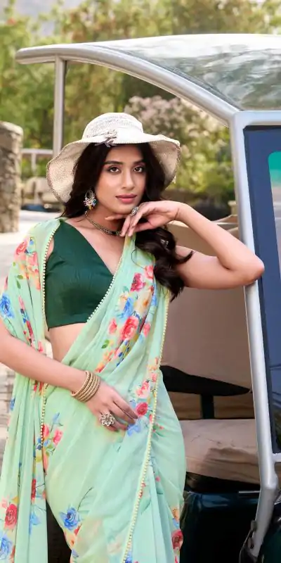 YNF 7041 Light Pista Color Weightless Marble Floral Printed Saree Casual, Wedding, Festive, Events . Expected Delivery  4-6 Working Days @1549/- only                                                                                                                                           | Designer Sarees, Embroidered Sarees, Sarees, Bollywood Sarees, Creative Sarees, Ethnic Saree, Modern Digital sarees, Party Wear Sarees