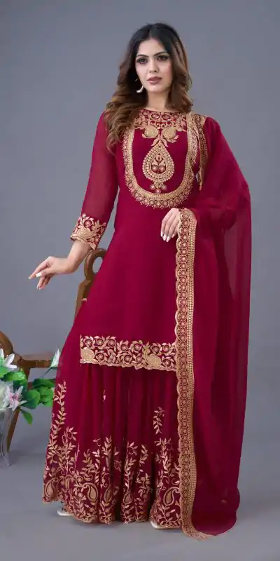 SRK 5242 Red Faux Georgette Embroidery Sequence Work Salwar Suit  Casual, Wedding, Party, Festive, Events Etc.4-6 Working Days@ 2099/-only | Casual Suits, Jump Suits, Salwar suit, Creative suits, Designer Suits, Palazzo Suits, Party Wear Suits, Patiala Suits, Straight Suits
