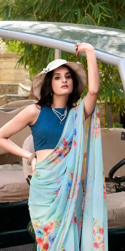 YNF 7041 Sky blue Color Weightless Marble Floral Printed Saree Casual, Wedding, Festive, Events . Expected Delivery  4-6 Working Days @1549/- only                                                                                                                                         | Designer Sarees, Embroidered Sarees, Sarees, Bollywood Sarees, Creative Sarees, Ethnic Saree, Modern Digital sarees, Party Wear Sarees