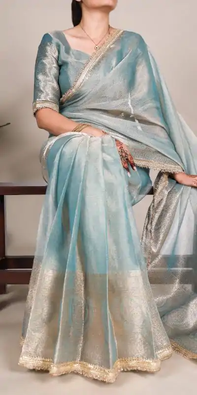 YNF 7114 Blue Color Tissue Shimmer Zari Weaving Work Saree Casual, Wedding, Festive, Events . Expected Delivery  4-6 Working Days @1699/- only                                                                                                                   | Designer Sarees, Embroidered Sarees, Sarees, Bollywood Sarees, Creative Sarees, Ethnic Saree, Modern Digital sarees, Party Wear Sarees
