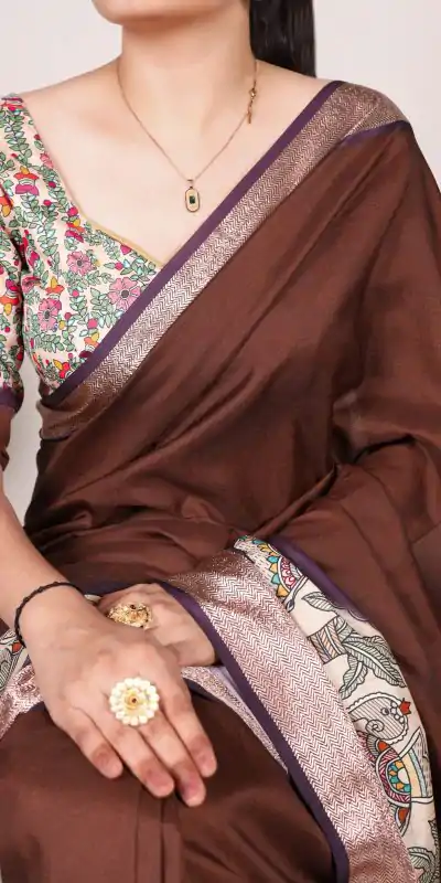 YNF 7022 Coffee Color Tussar Silk With Viscose Border Printed Saree Saree Casual, Wedding, Festive, Events . Expected Delivery  4-6 Working Days @1699/- only                                                                                                                                             | Designer Sarees, Embroidered Sarees, Sarees, Bollywood Sarees, Creative Sarees, Ethnic Saree, Modern Digital sarees, Party Wear Sarees