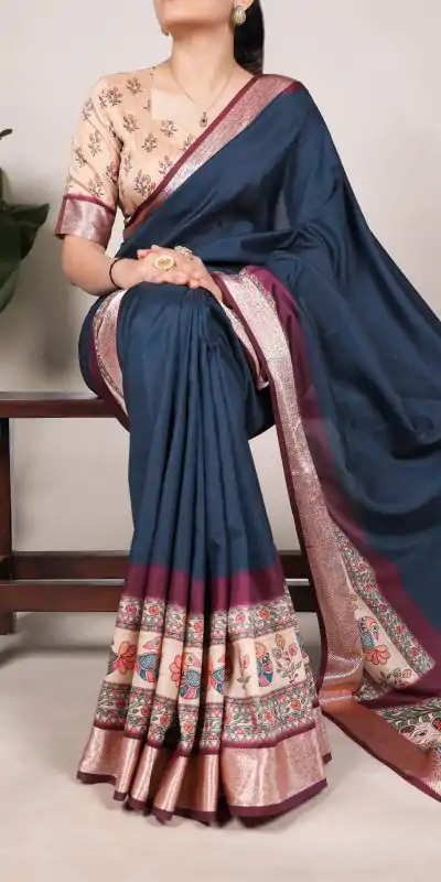 YNF 7022 Navy Blue Color Tussar Silk With Viscose Border Printed Saree Saree Casual, Wedding, Festive, Events . Expected Delivery  4-6 Working Days @1699/-                                                                                                                                            | Designer Sarees, Embroidered Sarees, Sarees, Bollywood Sarees, Creative Sarees, Ethnic Saree, Modern Digital sarees, Party Wear Sarees