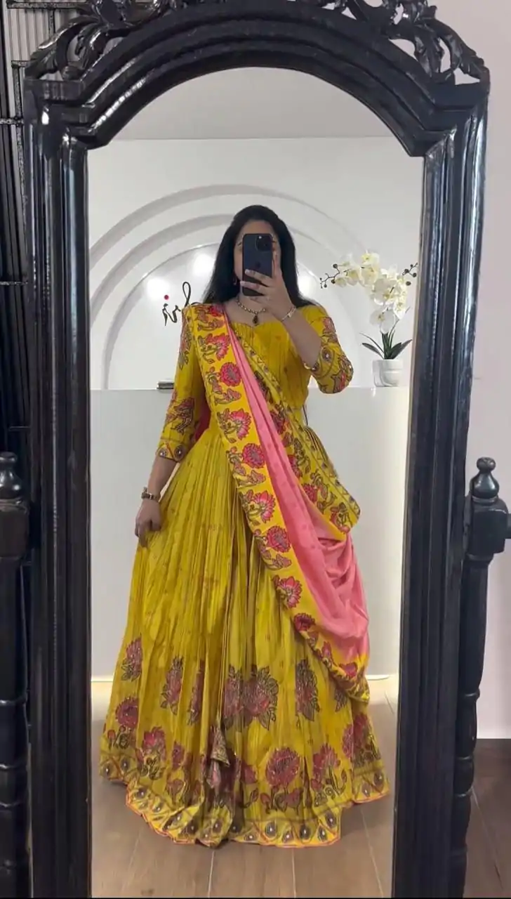 PC 321 Yellow Color  Chant Crepe Kalamkari Print Lehenga Choli Casual, Wedding, Festival, Events, Expected, Delivery 4-5 Working Days @1799 | Lehenga, Bollywood Lehenga, Creative Lehenga, Designer Lehenga, Embroidered Lehenga, Party Wear Lehenga