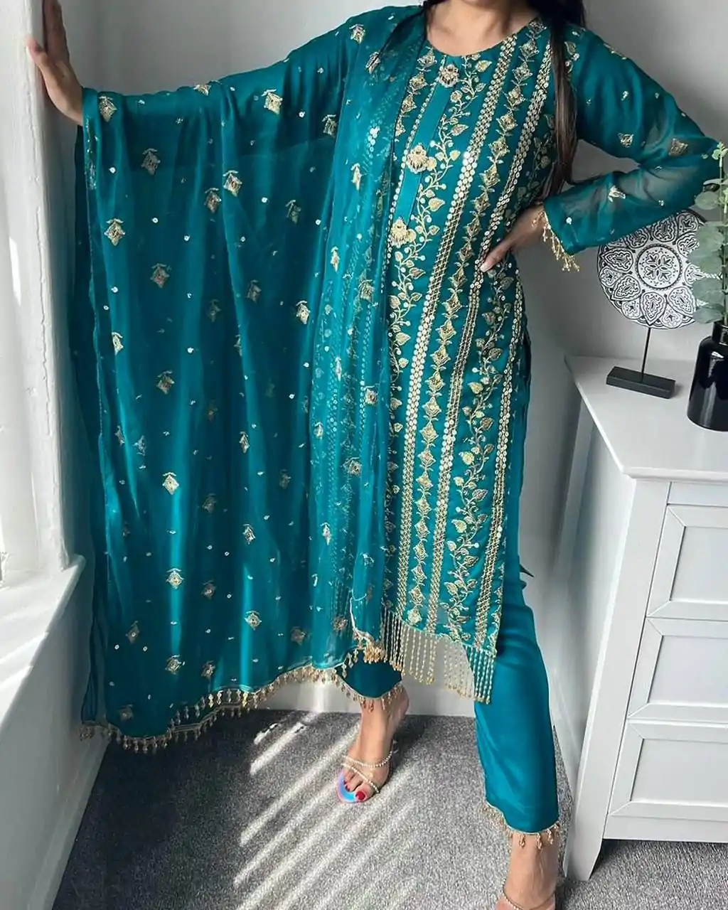 ND 5001 Blue Color Chinon Silk With Embroidery Work Salwar Suit Casual, Wedding, Party, Festive, Events Etc.4-6 Working Days@ 1899/-only | Casual Suits, Jump Suits, Salwar suit, Creative suits, Designer Suits, Palazzo Suits, Party Wear Suits, Patiala Suits, Straight Suits