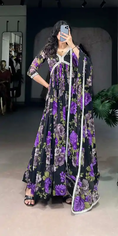 YNF 5040 Purple Color Georgette Floral Printed Paper Mirror Lace Gown , Wedding, Party, Festive, Events Etc. Expected Delivery 4-6 Working Days @1899/- | Gowns, Bollywood Gowns, Creative Gowns, Designer Gowns, Embroidered Gowns, Party Wear Gowns