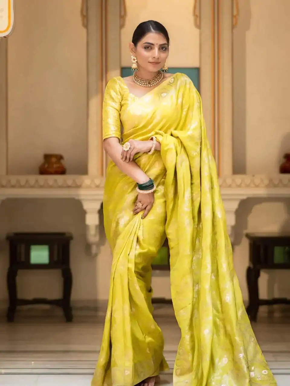 MB 494 Lemon Yellow Color Soft Litchi Silk All Over Weaving Saree Casual, Wedding, Festive, Events . Expected Delivery  4-6 Working Days @1199/- only                                                                                                                                             | Designer Sarees, Embroidered Sarees, Sarees, Bollywood Sarees, Creative Sarees, Ethnic Saree, Modern Digital sarees, Party Wear Sarees