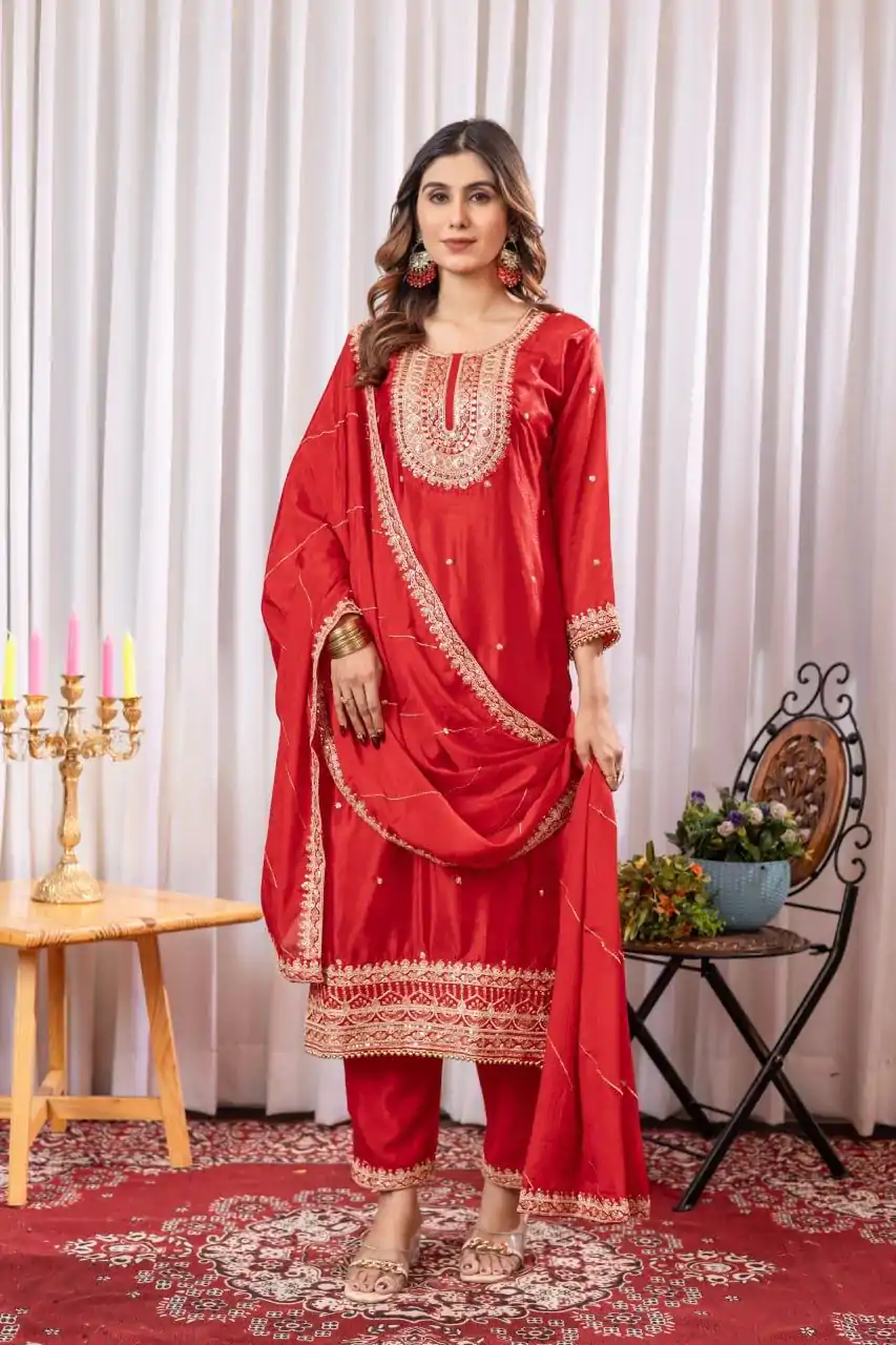 DC G89 Red Color Chinon Thread Sequence Work Salwar Suit Casual, Wedding, Festive, Events . Expected Delivery  4-6 Working Days @1999/- only      | Casual Suits, Jump Suits, Salwar suit, Creative suits, Designer Suits, Palazzo Suits, Party Wear Suits, Patiala Suits, Straight Suits