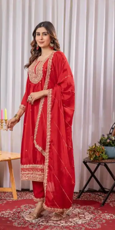 DC G89 Red Color Chinon Thread Sequence Work Salwar Suit Casual, Wedding, Festive, Events . Expected Delivery  4-6 Working Days @1999/- only      | Casual Suits, Jump Suits, Salwar suit, Creative suits, Designer Suits, Palazzo Suits, Party Wear Suits, Patiala Suits, Straight Suits