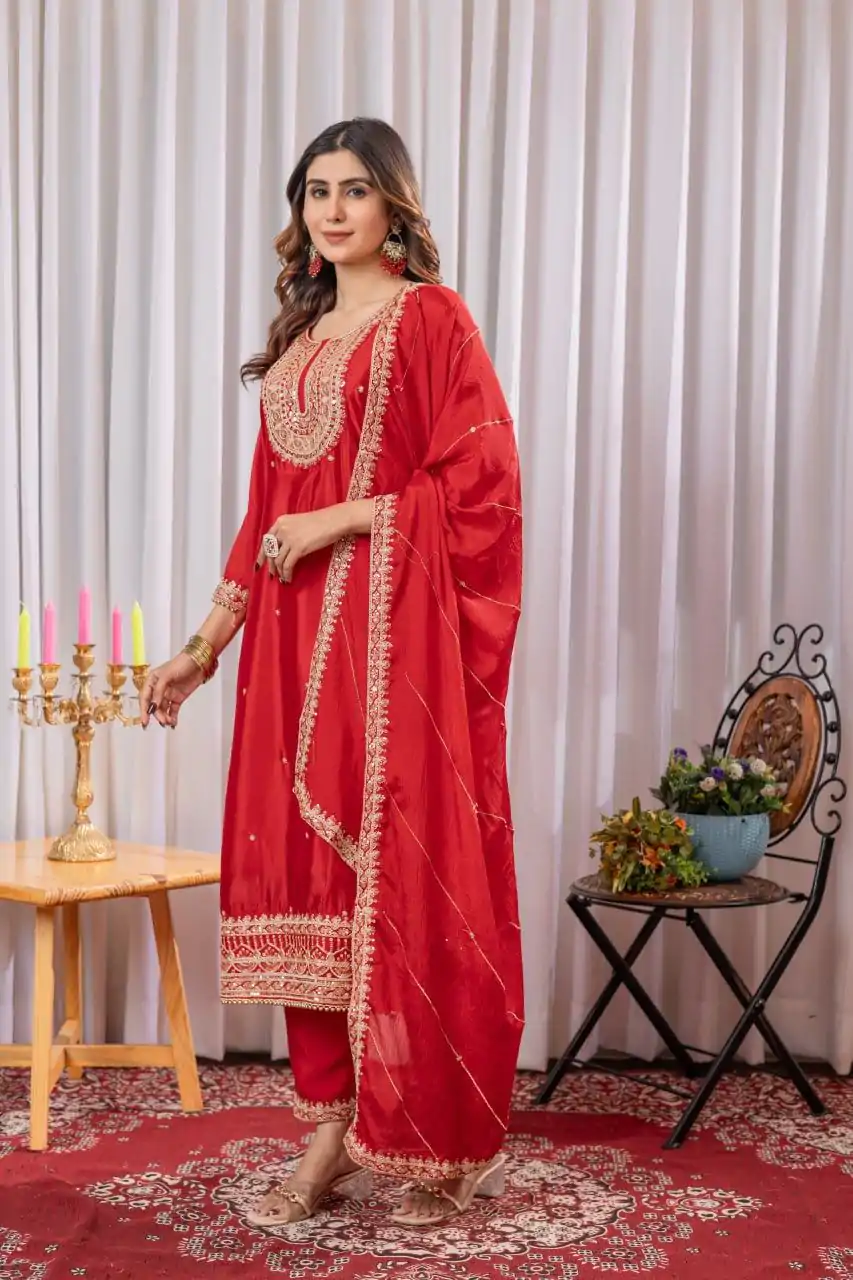 DC G89 Red Color Chinon Thread Sequence Work Salwar Suit Casual, Wedding, Festive, Events . Expected Delivery  4-6 Working Days @1999/- only      | Casual Suits, Jump Suits, Salwar suit, Creative suits, Designer Suits, Palazzo Suits, Party Wear Suits, Patiala Suits, Straight Suits