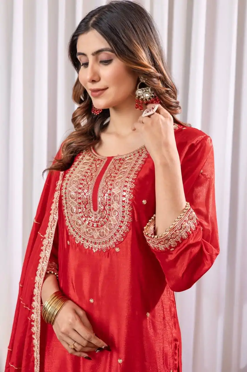DC G89 Red Color Chinon Thread Sequence Work Salwar Suit Casual, Wedding, Festive, Events . Expected Delivery  4-6 Working Days @1999/- only      | Casual Suits, Jump Suits, Salwar suit, Creative suits, Designer Suits, Palazzo Suits, Party Wear Suits, Patiala Suits, Straight Suits