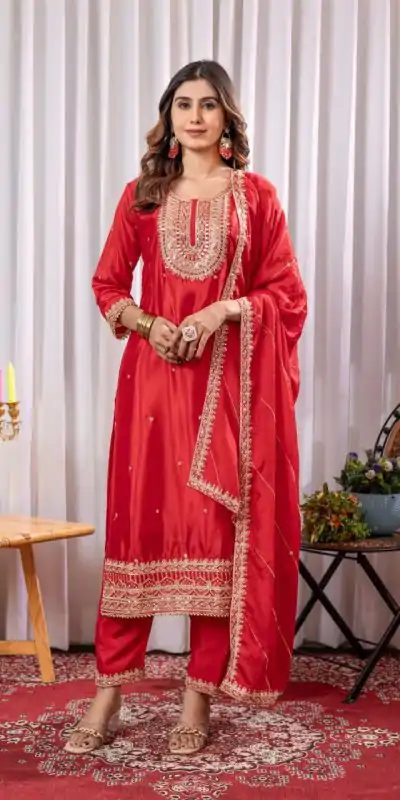 DC G89 Red Color Chinon Thread Sequence Work Salwar Suit Casual, Wedding, Festive, Events . Expected Delivery  4-6 Working Days @1999/- only      | Casual Suits, Jump Suits, Salwar suit, Creative suits, Designer Suits, Palazzo Suits, Party Wear Suits, Patiala Suits, Straight Suits