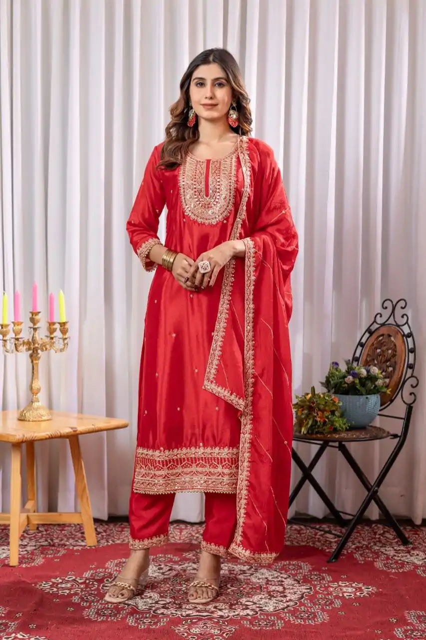 DC G89 Red Color Chinon Thread Sequence Work Salwar Suit Casual, Wedding, Festive, Events . Expected Delivery  4-6 Working Days @1999/- only      | Casual Suits, Jump Suits, Salwar suit, Creative suits, Designer Suits, Palazzo Suits, Party Wear Suits, Patiala Suits, Straight Suits