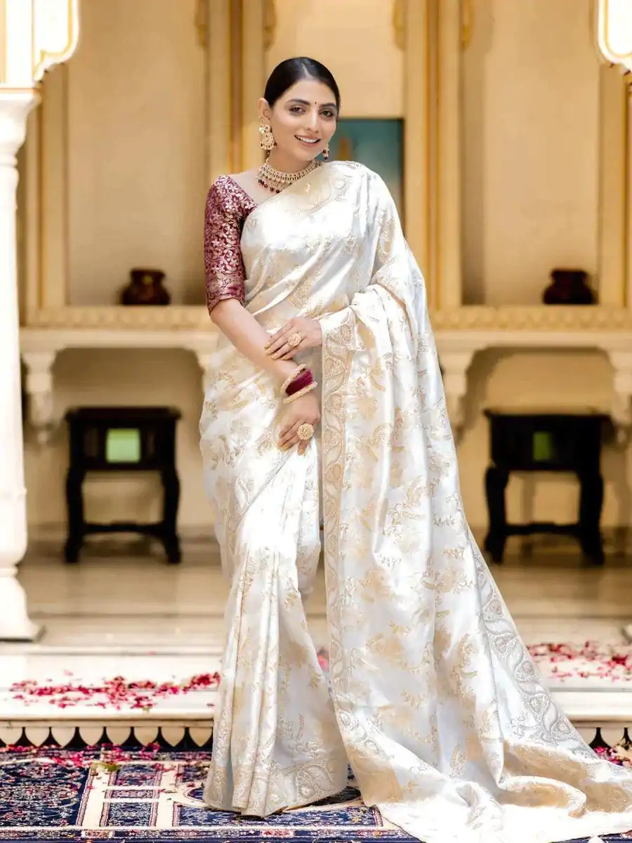 MB 494 White Color Soft Litchi Silk All Over Weaving Saree Casual, Wedding, Festive, Events . Expected Delivery  4-6 Working Days @1199/- only                                                                                                                                             | Designer Sarees, Embroidered Sarees, Sarees, Bollywood Sarees, Creative Sarees, Ethnic Saree, Modern Digital sarees, Party Wear Sarees