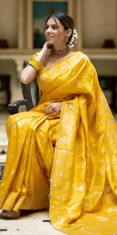 MB 494 Yellow Color Soft Litchi Silk All Over Weaving Saree Casual, Wedding, Festive, Events . Expected Delivery  4-6 Working Days @1199/- only                                                                                                                                             | Designer Sarees, Embroidered Sarees, Sarees, Bollywood Sarees, Creative Sarees, Ethnic Saree, Modern Digital sarees, Party Wear Sarees