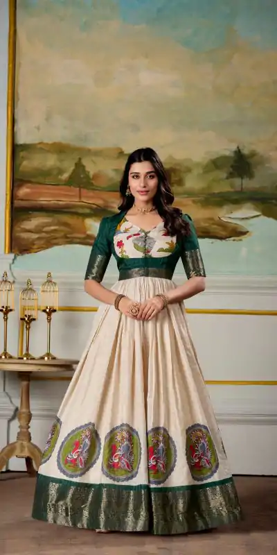 YNF 5310 Green Color Dola Silk Kalamkari Print Zari Weaving Broder Gown Casual, Wedding, Party, Festive, Events Etc.4-6 Working Days@ 1749/-only | Gowns, Bollywood Gowns, Creative Gowns, Designer Gowns, Embroidered Gowns, Party Wear Gowns