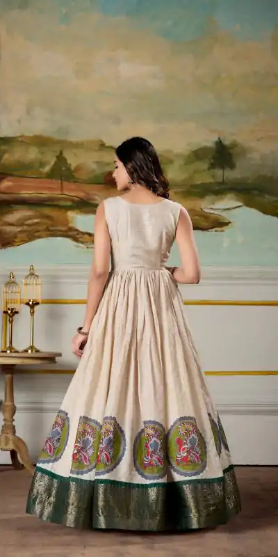 YNF 5310 Green Color Dola Silk Kalamkari Print Zari Weaving Broder Gown Casual, Wedding, Party, Festive, Events Etc.4-6 Working Days@ 1749/-only | Gowns, Bollywood Gowns, Creative Gowns, Designer Gowns, Embroidered Gowns, Party Wear Gowns