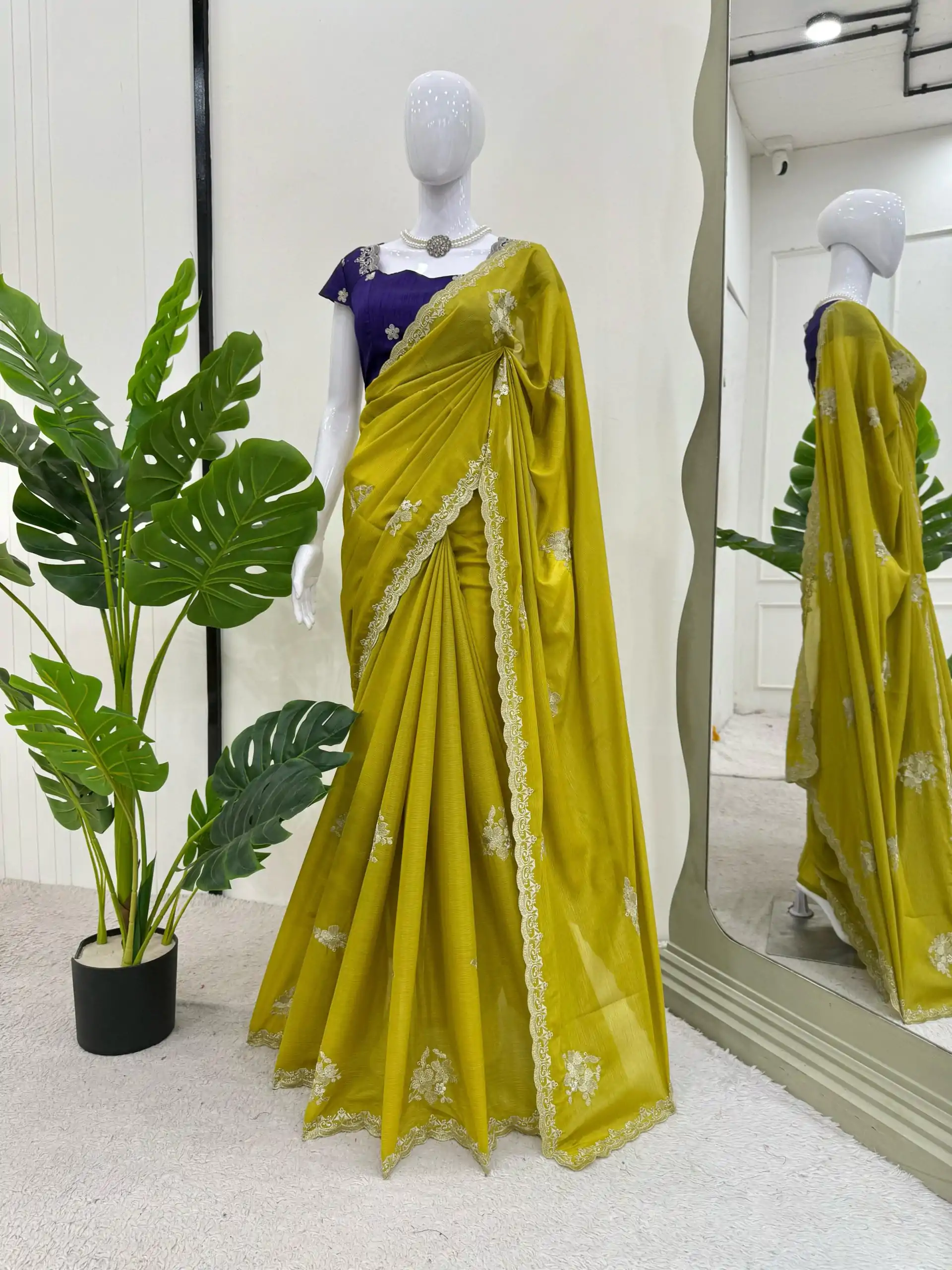 KD 576 Mustard Yellow Color Tesla Chiffon Work Thread Work Saree Casual, Wedding, Festive, Events . Expected Delivery  4-6 Working Days @1749/- only                                                                                                                                           | Designer Sarees, Embroidered Sarees, Sarees, Bollywood Sarees, Creative Sarees, Ethnic Saree, Modern Digital sarees, Party Wear Sarees