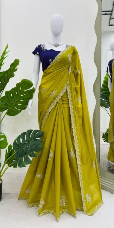 KD 576 Mustard Yellow Color Tesla Chiffon Work Thread Work Saree Casual, Wedding, Festive, Events . Expected Delivery  4-6 Working Days @1749/- only                                                                                                                                           | Designer Sarees, Embroidered Sarees, Sarees, Bollywood Sarees, Creative Sarees, Ethnic Saree, Modern Digital sarees, Party Wear Sarees