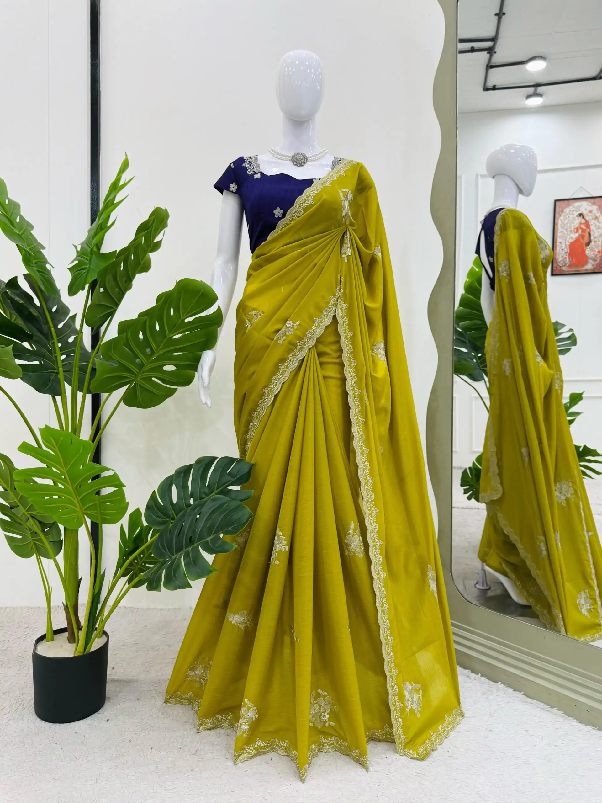 KD 576 Mustard Yellow Color Tesla Chiffon Work Thread Work Saree Casual, Wedding, Festive, Events . Expected Delivery  4-6 Working Days @1749/- only                                                                                                                                           | Designer Sarees, Embroidered Sarees, Sarees, Bollywood Sarees, Creative Sarees, Ethnic Saree, Modern Digital sarees, Party Wear Sarees