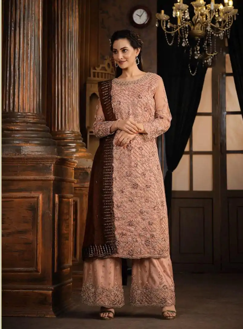 FC 5391 Peach Color Net With Coding Sequence Work Salwar Suit Casual, Wedding, Party, Festive, Events Etc.4-6 Working Days@ 2699/-only | Casual Suits, Jump Suits, Salwar suit, Creative suits, Designer Suits, Palazzo Suits, Party Wear Suits, Patiala Suits, Straight Suits