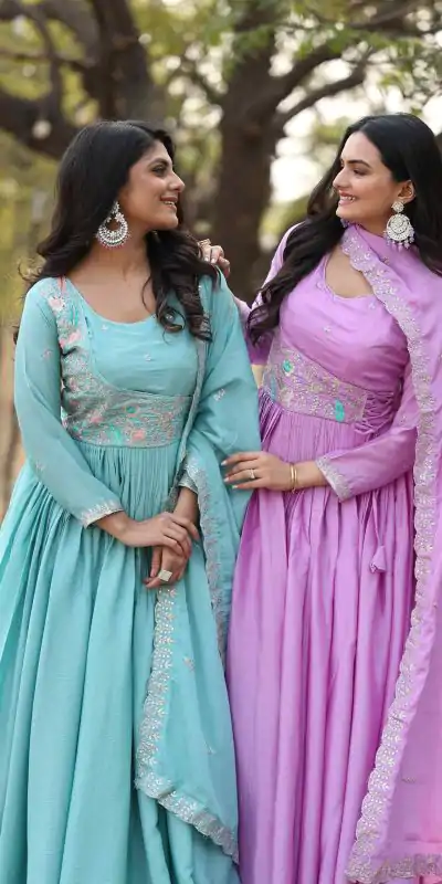 Ram 093 Purple Color Chinon Sequence With Thread Work Gown Casual, Wedding, Party, Festive, Events Etc.4-6 Working Days@ 2049/-only | Gowns, Bollywood Gowns, Creative Gowns, Designer Gowns, Embroidered Gowns, Party Wear Gowns