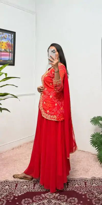 ST 1084 Red Color Printed Faux Georgette Embroidery Work Salwar Suit Casual, Wedding, Party, Festive, Events Etc.4-6 Working Days@ 1949/-only | Casual Suits, Jump Suits, Salwar suit, Creative suits, Designer Suits, Palazzo Suits, Party Wear Suits, Patiala Suits, Straight Suits