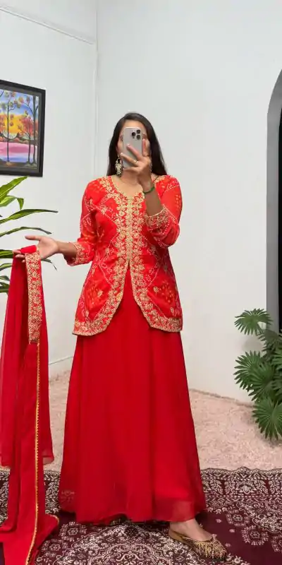 ST 1084 Red Color Printed Faux Georgette Embroidery Work Salwar Suit Casual, Wedding, Party, Festive, Events Etc.4-6 Working Days@ 1949/-only | Casual Suits, Jump Suits, Salwar suit, Creative suits, Designer Suits, Palazzo Suits, Party Wear Suits, Patiala Suits, Straight Suits