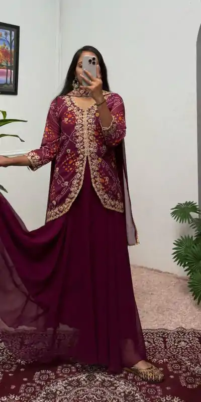 ST 1084 Wine Color Printed Faux Georgette Embroidery Work Salwar Suit Casual, Wedding, Party, Festive, Events Etc.4-6 Working Days@ 1949/-only | Casual Suits, Jump Suits, Salwar suit, Creative suits, Designer Suits, Palazzo Suits, Party Wear Suits, Patiala Suits, Straight Suits