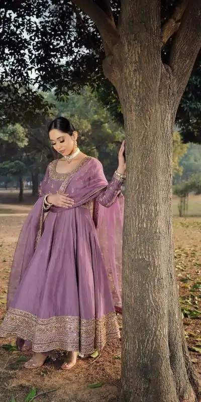 ZF 414 Light Purple Color Roman Silk Embroidery Sequence Work Gown Casual, Wedding, Party, Festive, Events Etc.4-6 Working Days@ 2149/-only | Gowns, Bollywood Gowns, Creative Gowns, Designer Gowns, Embroidered Gowns, Party Wear Gowns
