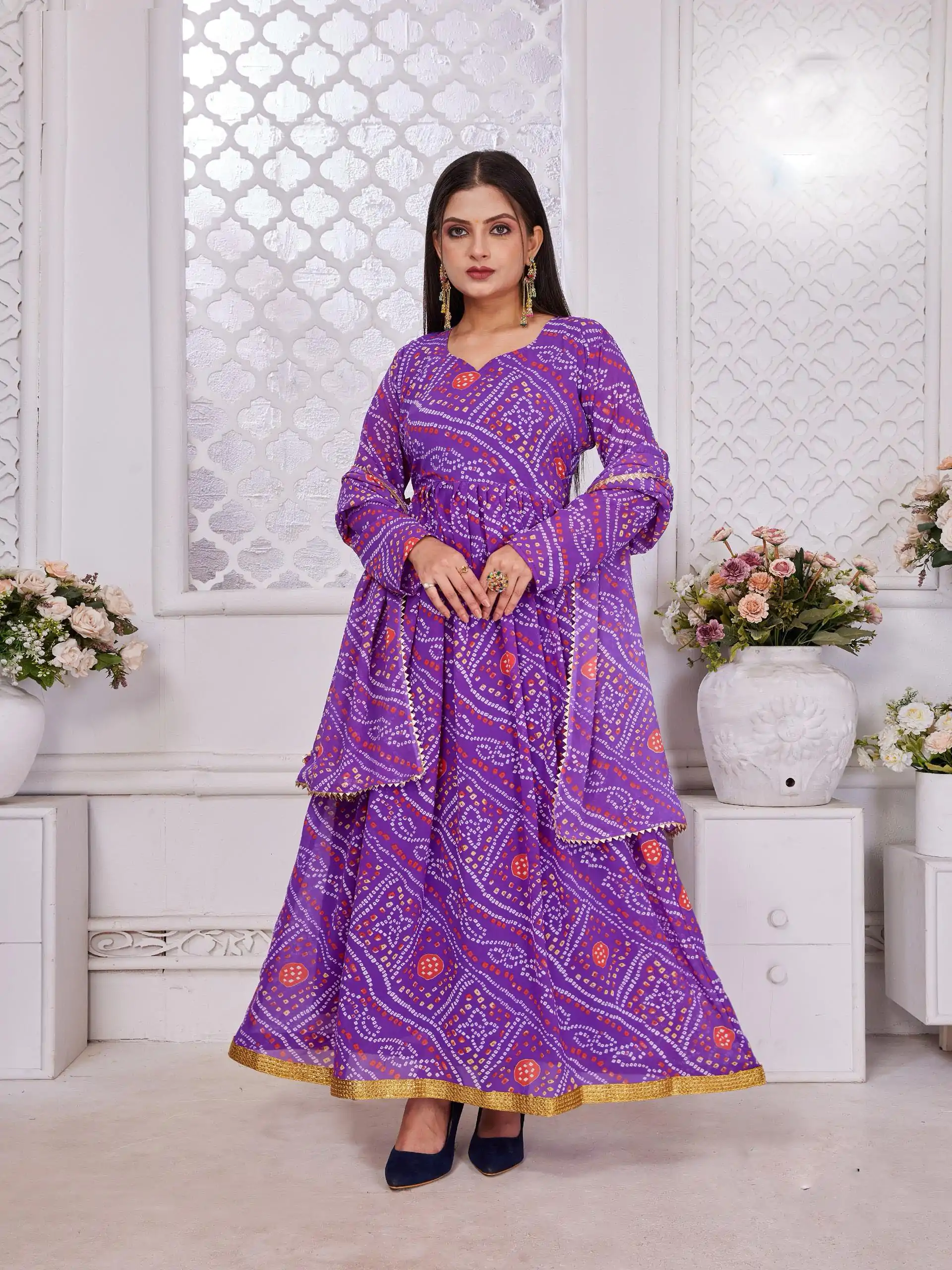 INLI Banno Swag Pink Color Georgette Print With Lace Work Gown Casual, Wedding, Festive, Events . Expected Delivery  4-6 Working Days @1699/- only      | Gowns, Bollywood Gowns, Creative Gowns, Designer Gowns, Embroidered Gowns, Party Wear Gowns