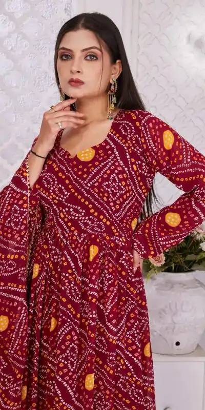 INLI Banno Swag Red Color Georgette Print With Lace Work Gown Casual, Wedding, Festive, Events . Expected Delivery  4-6 Working Days @1699/- only      | Gowns, Bollywood Gowns, Creative Gowns, Designer Gowns, Embroidered Gowns, Party Wear Gowns