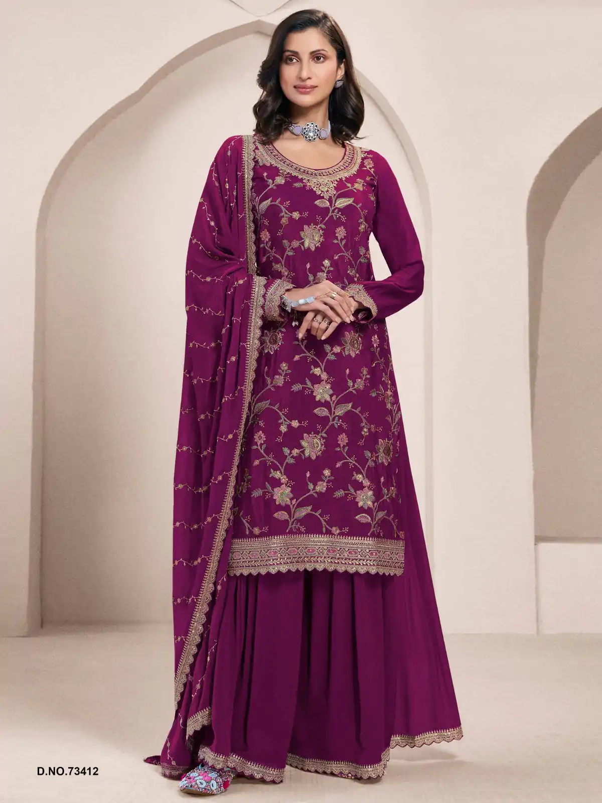 FC 73411 Wine Color Chinon Multi Work Salwar Suit Casual, Wedding, Festive, Events . Expected Delivery  4-6 Working Days @2599/- only      | Casual Suits, Jump Suits, Salwar suit, Creative suits, Designer Suits, Palazzo Suits, Party Wear Suits, Patiala Suits, Straight Suits