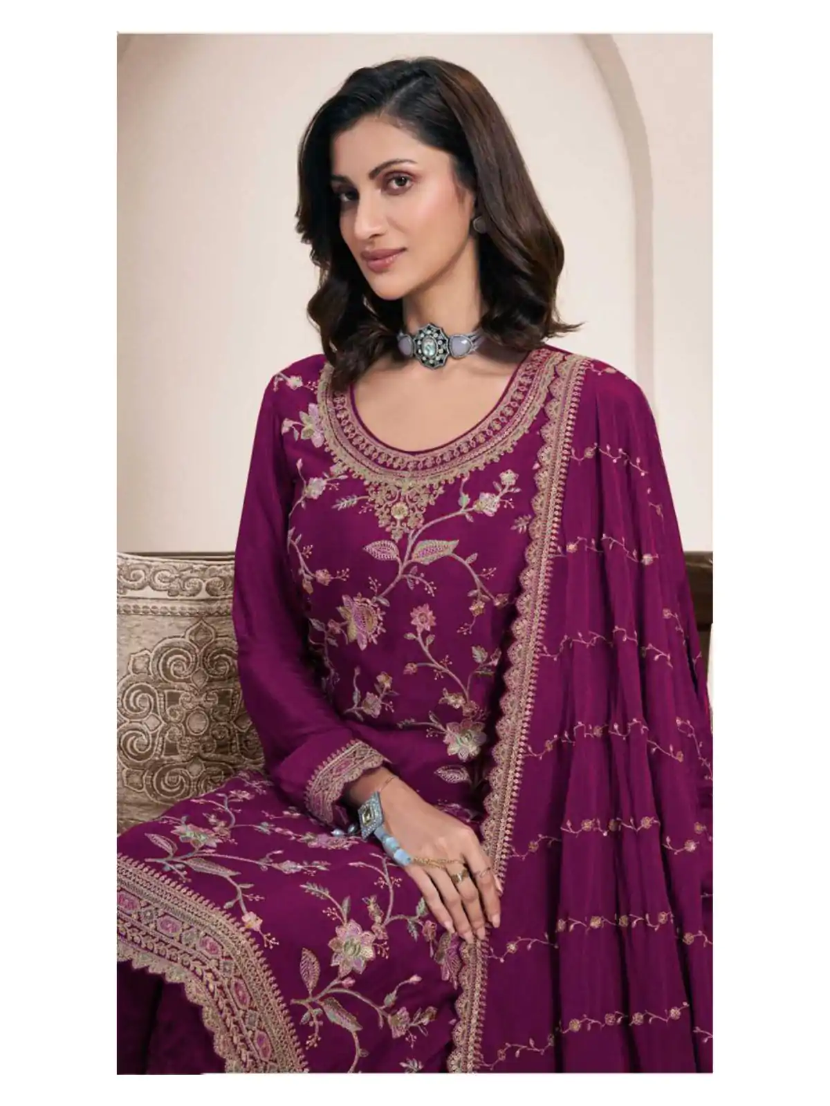 FC 73411 Wine Color Chinon Multi Work Salwar Suit Casual, Wedding, Festive, Events . Expected Delivery  4-6 Working Days @2599/- only      | Casual Suits, Jump Suits, Salwar suit, Creative suits, Designer Suits, Palazzo Suits, Party Wear Suits, Patiala Suits, Straight Suits