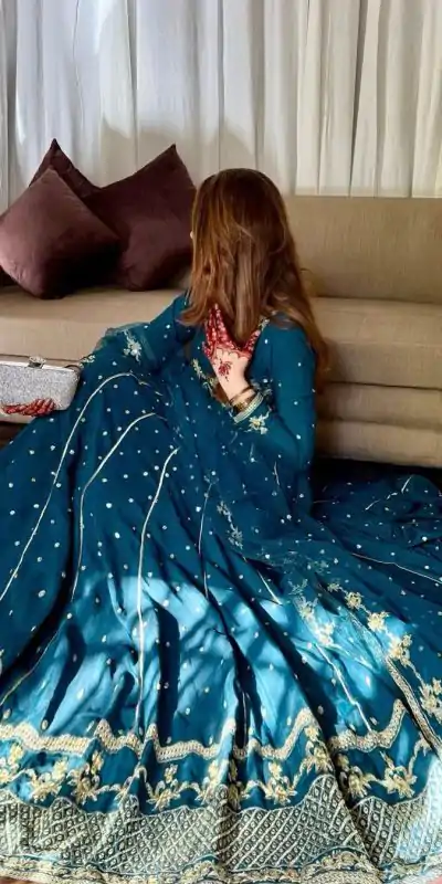 VLM 272 Rama Blue Color Star Georgette Embroidery Work Gown Casual, Wedding, Party, Festive, Events Etc. Expected Delivery 4-6 Working Days @2049/- | Gowns, Bollywood Gowns, Creative Gowns, Designer Gowns, Embroidered Gowns, Party Wear Gowns