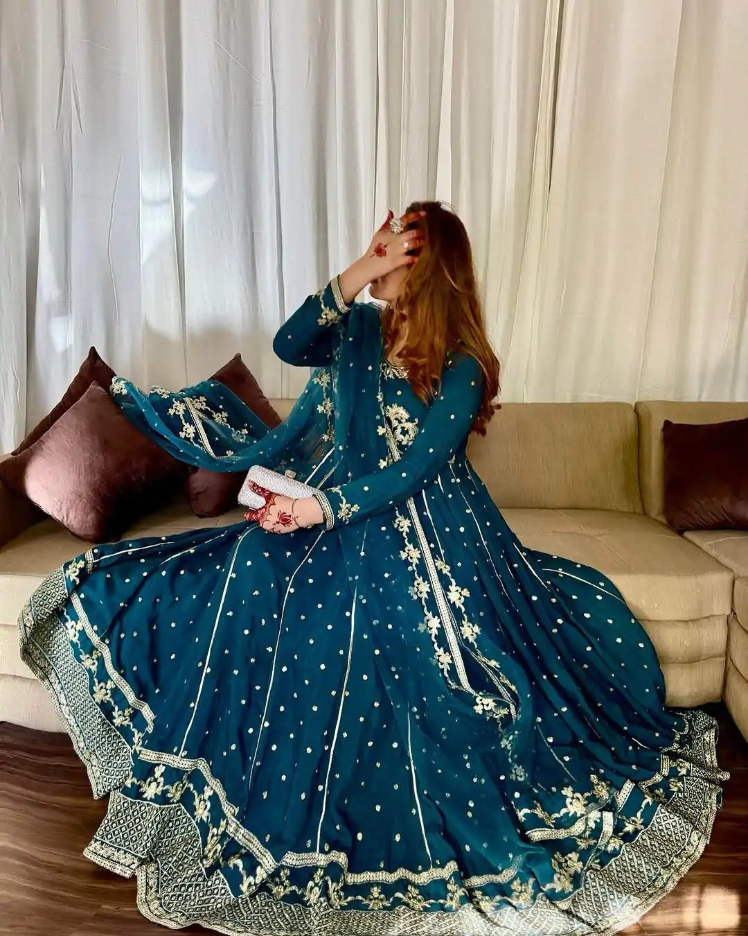 VLM 272 Rama Blue Color Star Georgette Embroidery Work Gown Casual, Wedding, Party, Festive, Events Etc. Expected Delivery 4-6 Working Days @2049/- | Gowns, Bollywood Gowns, Creative Gowns, Designer Gowns, Embroidered Gowns, Party Wear Gowns