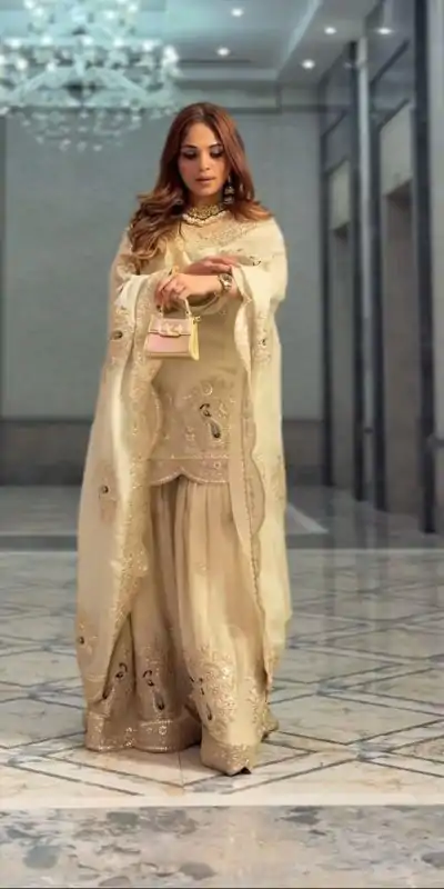 SR 1675 Half White Color Chinon Silk Sequence Work Salwar Suit Casual, Wedding, Festive, Events . Expected Delivery  4-6 Working Days @2249/- only      | Casual Suits, Jump Suits, Salwar suit, Creative suits, Designer Suits, Palazzo Suits, Party Wear Suits, Patiala Suits, Straight Suits