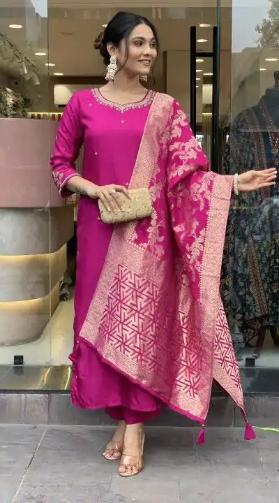 MF 755 Rani pink Color Roman Silk Coding Work Salwar Suit Casual, Wedding, Party, Festive, Events Etc.4-6 Working Days@ 1699/-only | Casual Suits, Jump Suits, Salwar suit, Creative suits, Designer Suits, Palazzo Suits, Party Wear Suits, Patiala Suits, Straight Suits