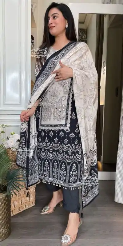 BE 337 White Color Chinon Printed Mirror Work Salwar Suit Casual, Wedding, Festive, Events . Expected Delivery  4-6 Working Days @1799/- only      | Casual Suits, Jump Suits, Salwar suit, Creative suits, Designer Suits, Palazzo Suits, Party Wear Suits, Patiala Suits, Straight Suits