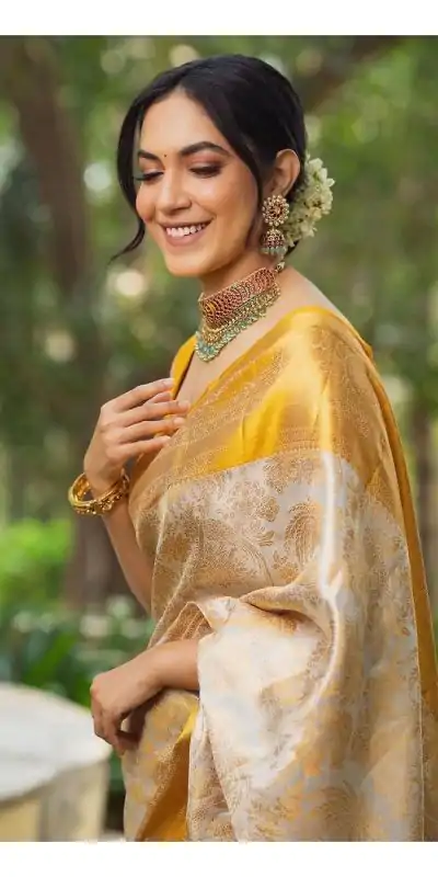 SC 231 Yellow Color Soft Lichi Silk Golden Jari Jacquard border Saree Casual, Wedding, Festive, Events . Expected Delivery  4-6 Working Days @1449/- only                                                                                                                                             | Designer Sarees, Embroidered Sarees, Sarees, Bollywood Sarees, Creative Sarees, Ethnic Saree, Modern Digital sarees, Party Wear Sarees