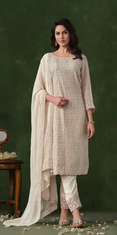 FC 6021 Half White Color Rangoli Coding Sequence Work Salwar Suit Casual, Wedding, Party, Festive, Events Etc.4-6 Working Days@ 2699/-only | Casual Suits, Jump Suits, Salwar suit, Creative suits, Designer Suits, Palazzo Suits, Party Wear Suits, Patiala Suits, Straight Suits