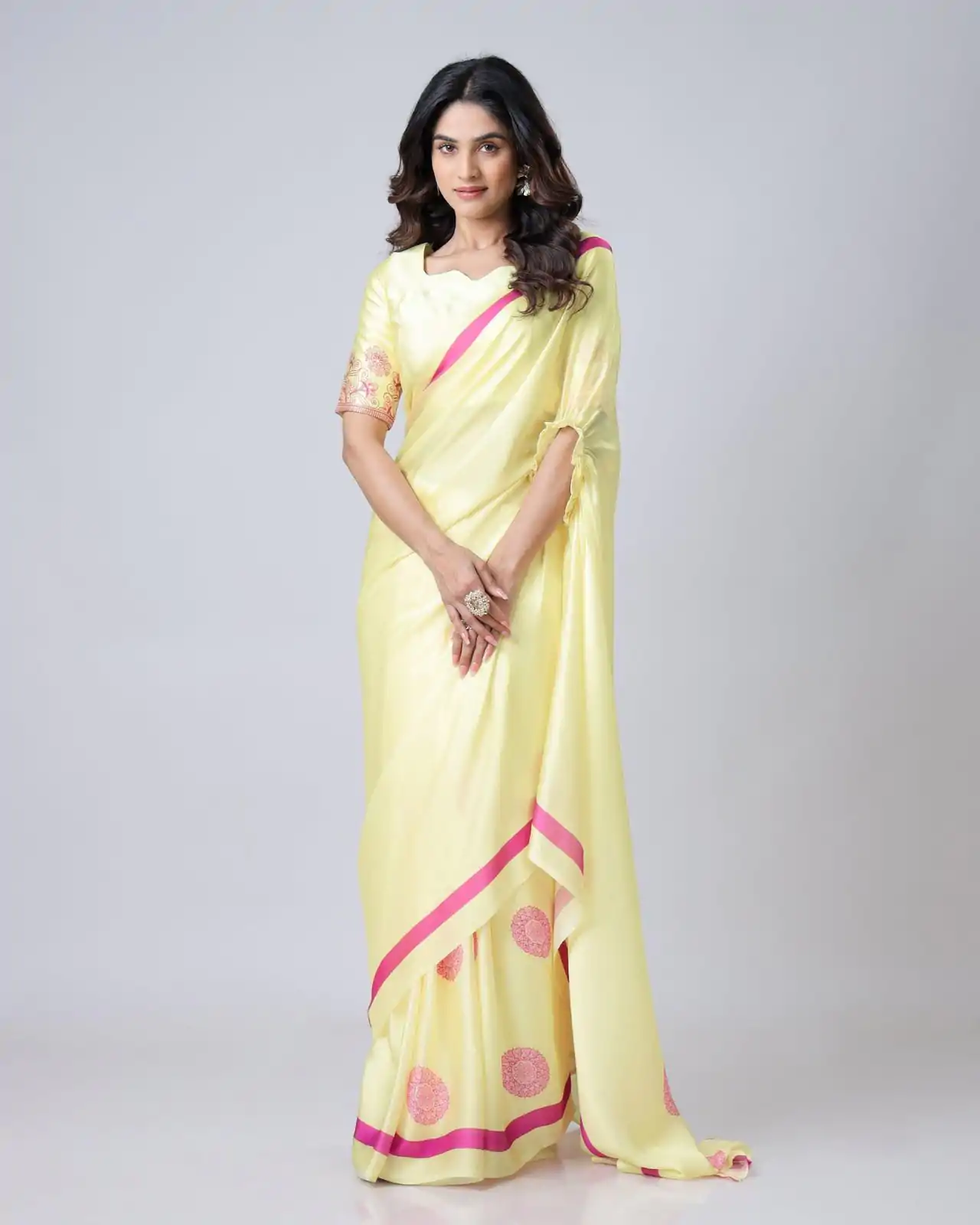 ST 1102B Lemon Yellow Color Japan Satin Digital Print Work Saree Casual, Wedding, Festive, Events . Expected Delivery  4-6 Working Days @1849/- only      | Designer Sarees, Embroidered Sarees, Sarees, Bollywood Sarees, Creative Sarees, Ethnic Saree, Modern Digital sarees, Party Wear Sarees