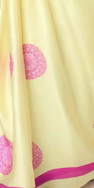 ST 1102B Lemon Yellow Color Japan Satin Digital Print Work Saree Casual, Wedding, Festive, Events . Expected Delivery  4-6 Working Days @1849/- only      | Designer Sarees, Embroidered Sarees, Sarees, Bollywood Sarees, Creative Sarees, Ethnic Saree, Modern Digital sarees, Party Wear Sarees