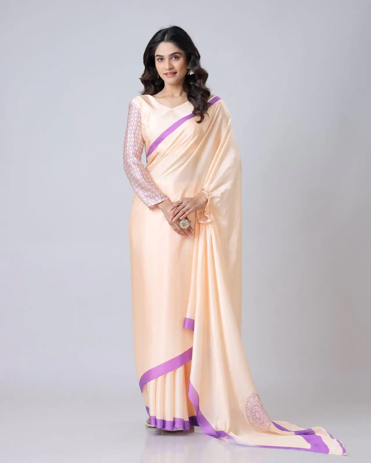 ST 1102B Light Peach Color Japan Satin Digital Print Work Saree Casual, Wedding, Festive, Events . Expected Delivery  4-6 Working Days @1849/- only      | Designer Sarees, Embroidered Sarees, Sarees, Bollywood Sarees, Creative Sarees, Ethnic Saree, Modern Digital sarees, Party Wear Sarees