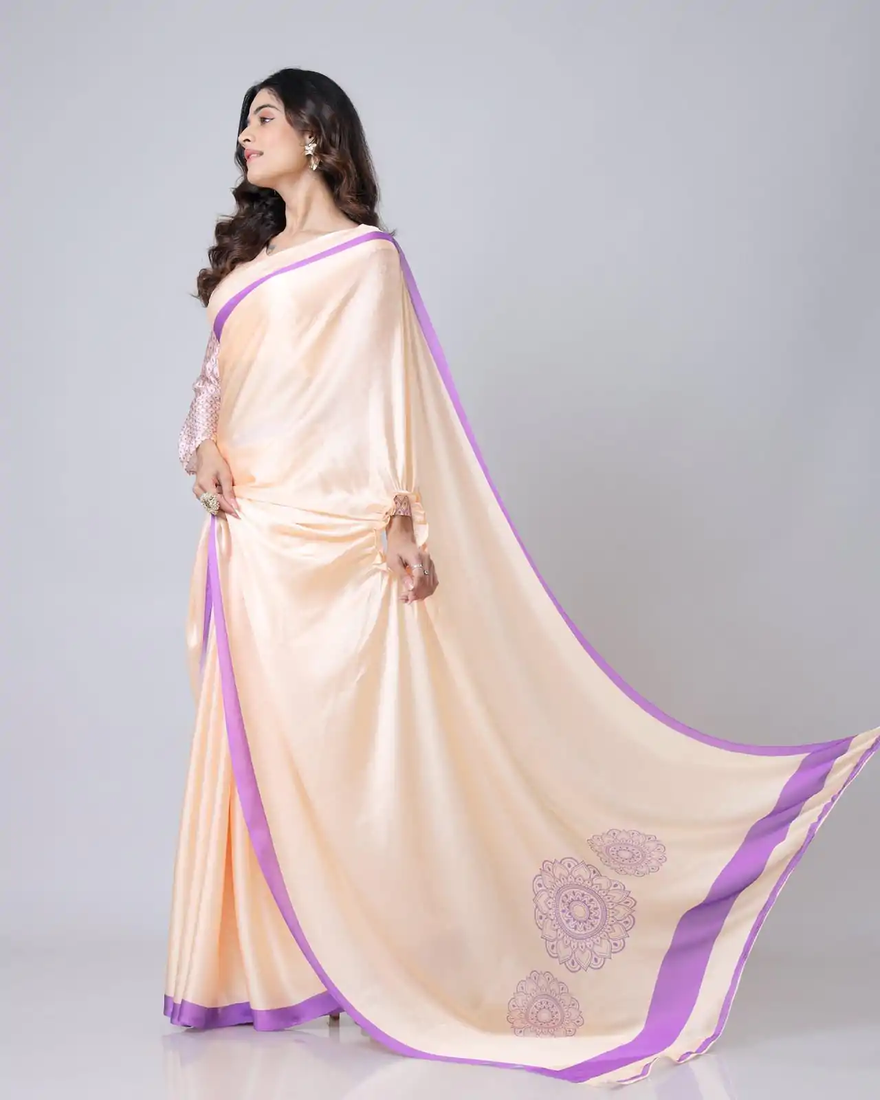 ST 1102B Light Peach Color Japan Satin Digital Print Work Saree Casual, Wedding, Festive, Events . Expected Delivery  4-6 Working Days @1849/- only      | Designer Sarees, Embroidered Sarees, Sarees, Bollywood Sarees, Creative Sarees, Ethnic Saree, Modern Digital sarees, Party Wear Sarees