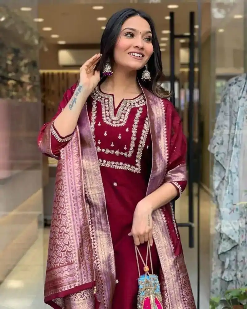 MF 749 Maroon Color Roman Silk Coding Work Salwar Suit Casual, Wedding, Party, Festive, Events Etc.4-6 Working Days@ 1699/-only | Casual Suits, Jump Suits, Salwar suit, Creative suits, Designer Suits, Palazzo Suits, Party Wear Suits, Patiala Suits, Straight Suits