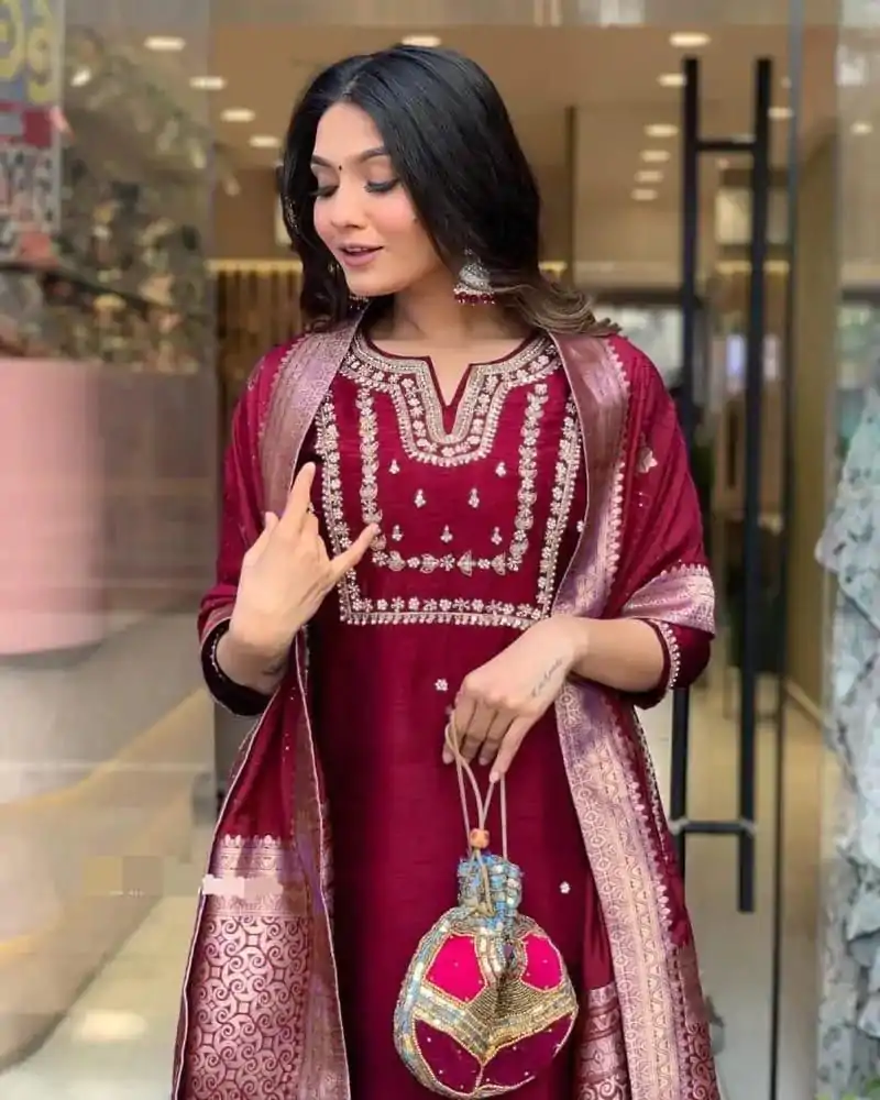 MF 749 Maroon Color Roman Silk Coding Work Salwar Suit Casual, Wedding, Party, Festive, Events Etc.4-6 Working Days@ 1699/-only | Casual Suits, Jump Suits, Salwar suit, Creative suits, Designer Suits, Palazzo Suits, Party Wear Suits, Patiala Suits, Straight Suits