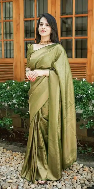 KP 4074 Mehndi Color Lichi Silk Jacquard Work On All Over Saree Casual, Wedding, Festive, Events . Expected Delivery  4-6 Working Days @1399/- only                                                                                                                                           | Designer Sarees, Embroidered Sarees, Sarees, Bollywood Sarees, Creative Sarees, Ethnic Saree, Modern Digital sarees, Party Wear Sarees