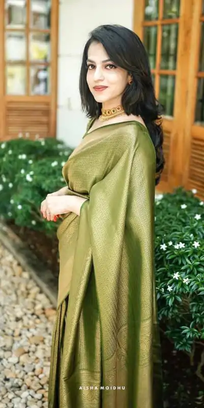 KP 4074 Mehndi Color Lichi Silk Jacquard Work On All Over Saree Casual, Wedding, Festive, Events . Expected Delivery  4-6 Working Days @1399/- only                                                                                                                                           | Designer Sarees, Embroidered Sarees, Sarees, Bollywood Sarees, Creative Sarees, Ethnic Saree, Modern Digital sarees, Party Wear Sarees