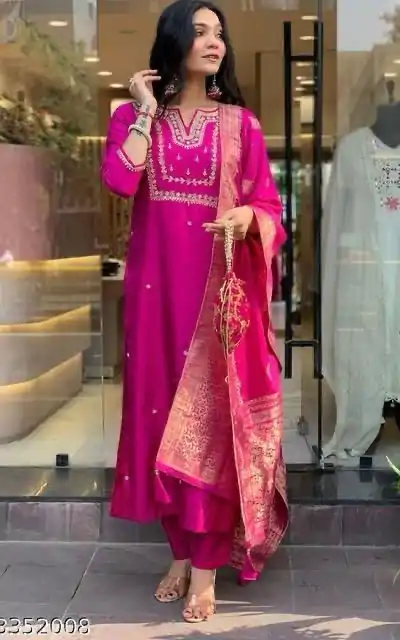 MF 749 Rani pink Color Roman Silk Coding Work Salwar Suit Casual, Wedding, Party, Festive, Events Etc.4-6 Working Days@ 1699/-only | Casual Suits, Jump Suits, Salwar suit, Creative suits, Designer Suits, Palazzo Suits, Party Wear Suits, Patiala Suits, Straight Suits